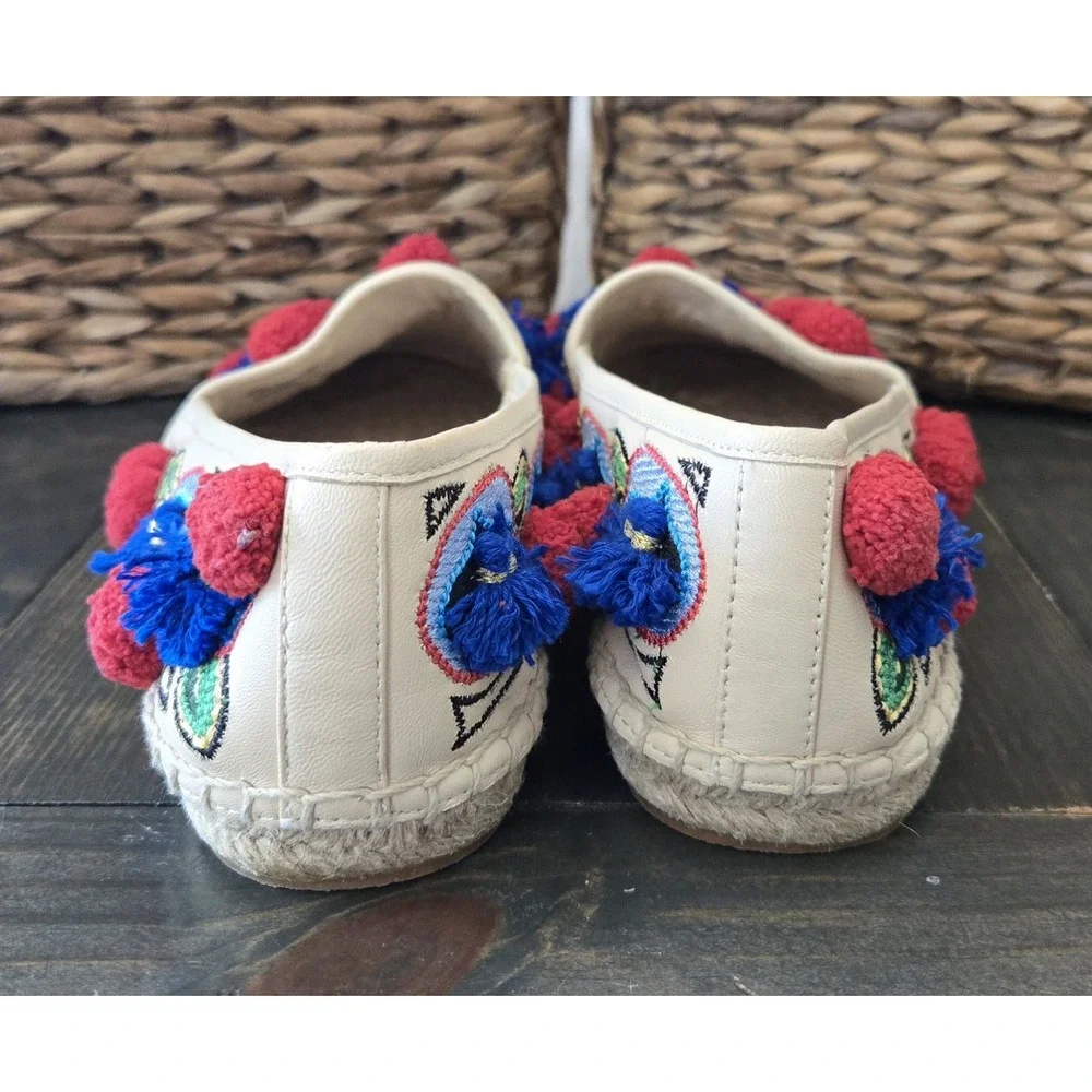 TORY BURCH Ellis‎ Pom-pom Embroidered Leather Textile Espadrille Flats 7.5 Shoes